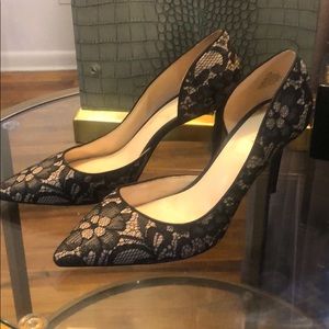 Nude heels with black lace overlay